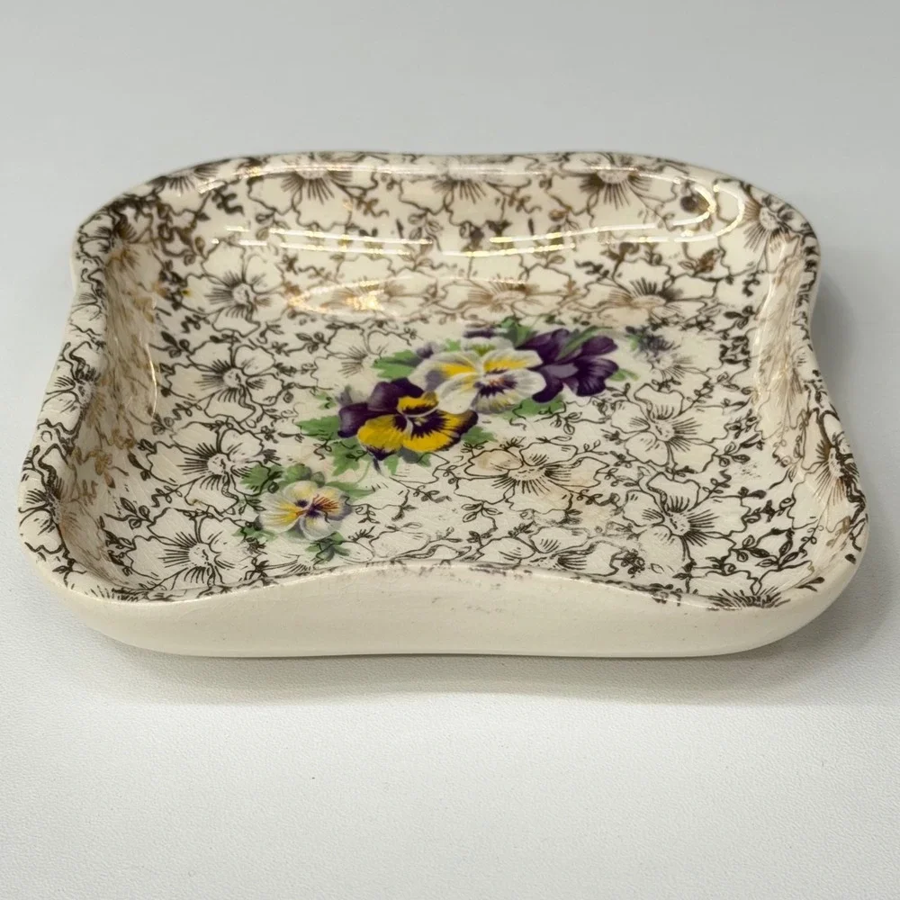 Vintage Pansy Floral Porcelain Trinket Dish Square Jewelry Ring Vanity Pin Tray
